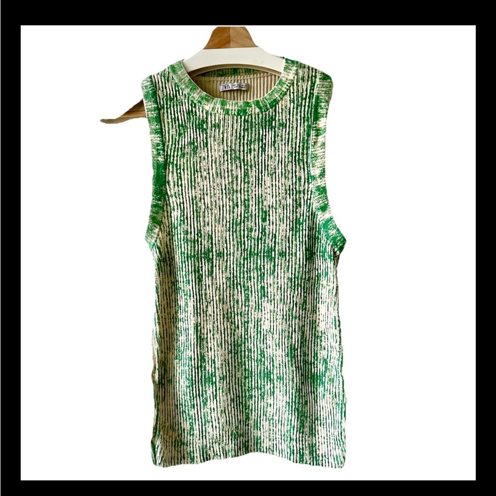ZARA Ribbed Knit Striped Sleeveless Cotton Tank Top Green White Size L